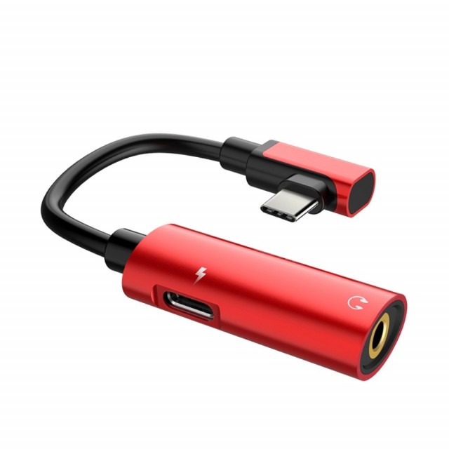 USB Type-C 2i1 Adapter / Splitter - med 3.5 mm port Hoco Rød