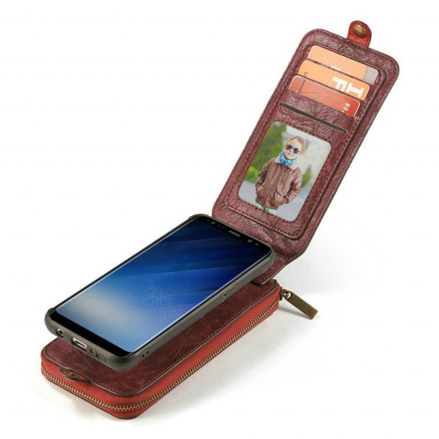Galaxy S8+ 2i1 Mobilveske m/kortlommer og glidelås Rød